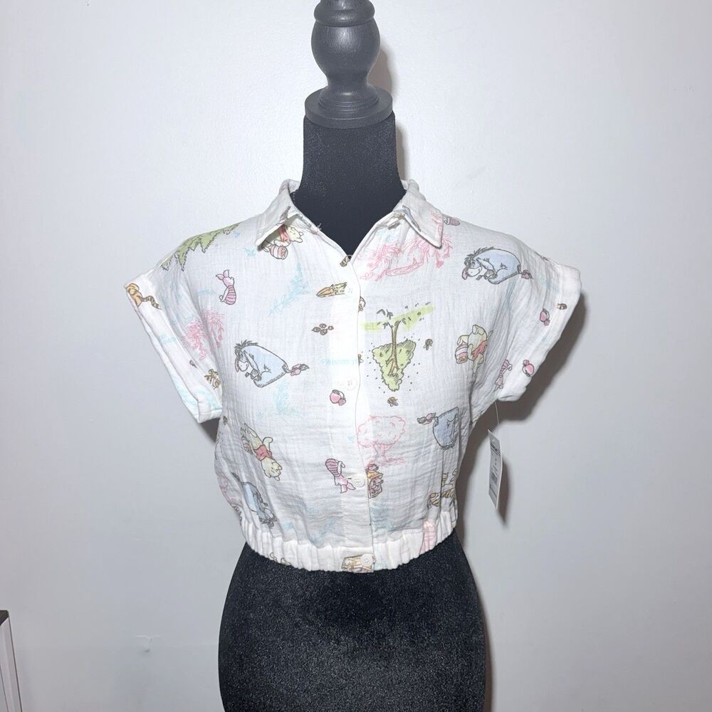 Disney Winnie The Pooh Girls Crop Top Blouse Button Down Short Sleeve Size M NWT